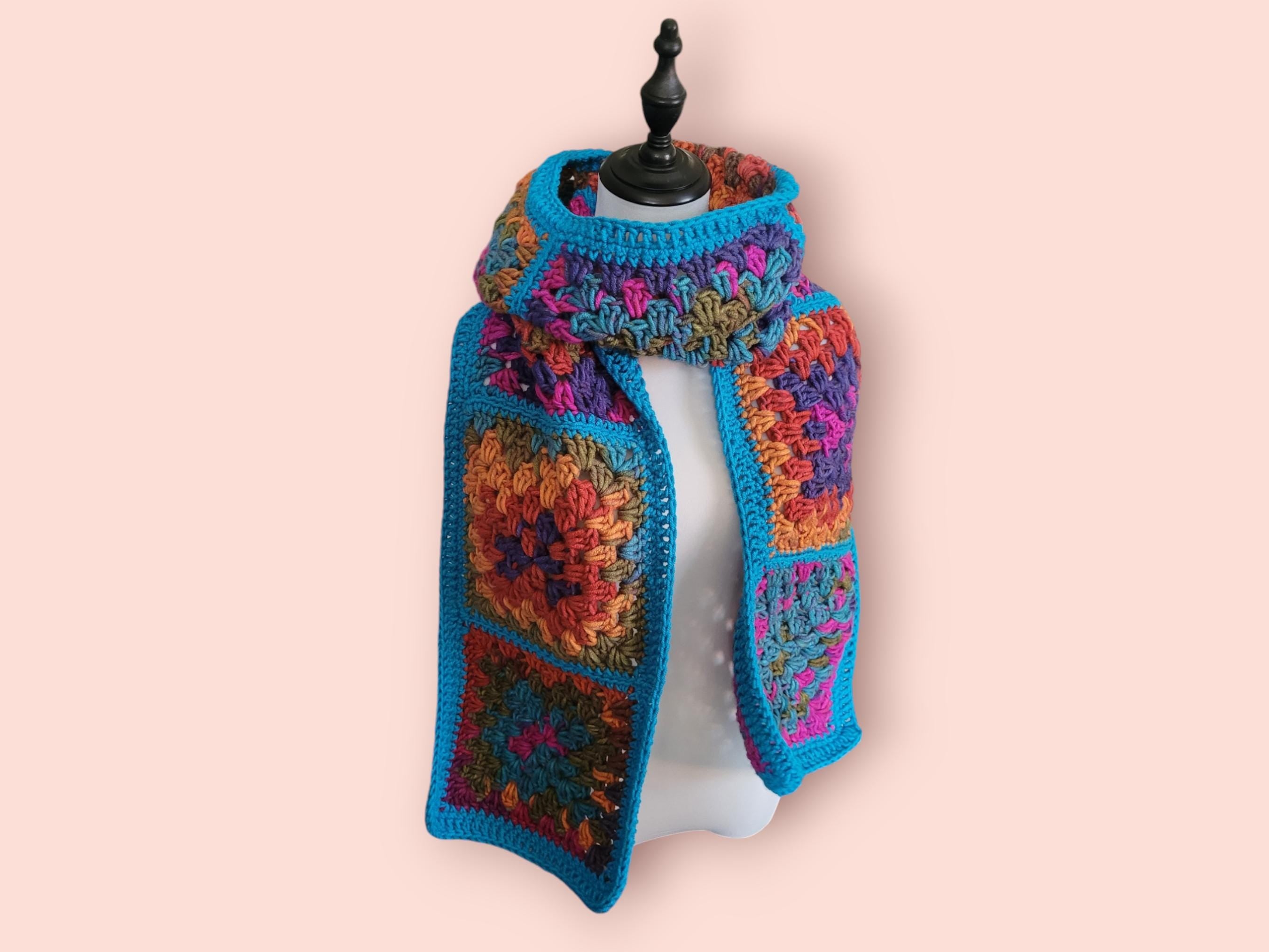 granny squares scarf handmade bright colours and long warm alternative stylish and outstanding soft and warm scarf wide and long