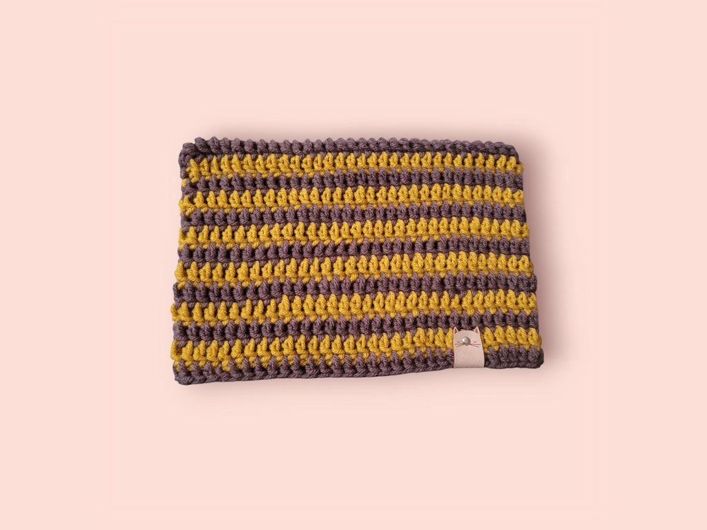 cat beanie hat, mocha brown and honey yellow