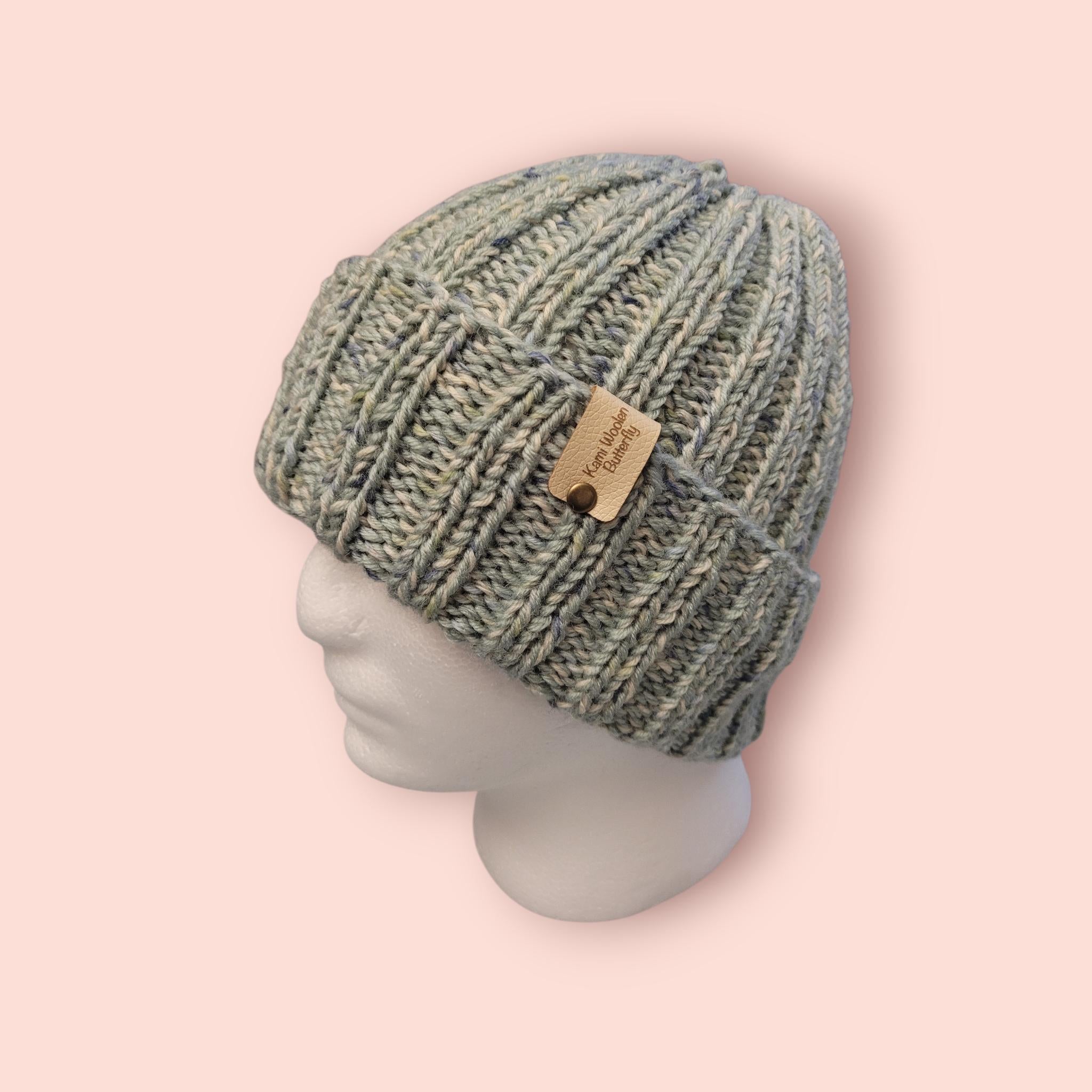 handmade beanie hat, green marble, merino wool, stretchy fit