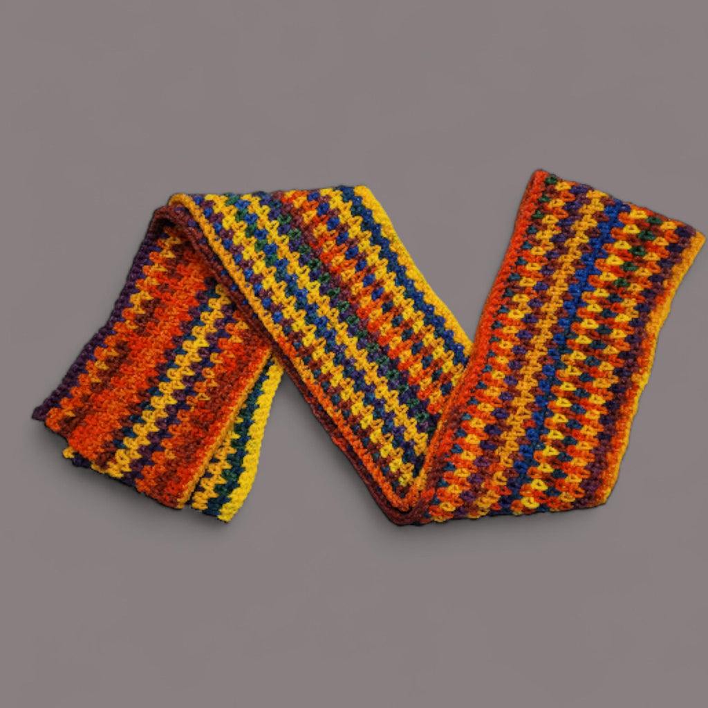 handmade crochet scarf, bright colours, yellow, red, blue, purple and green  acrylic