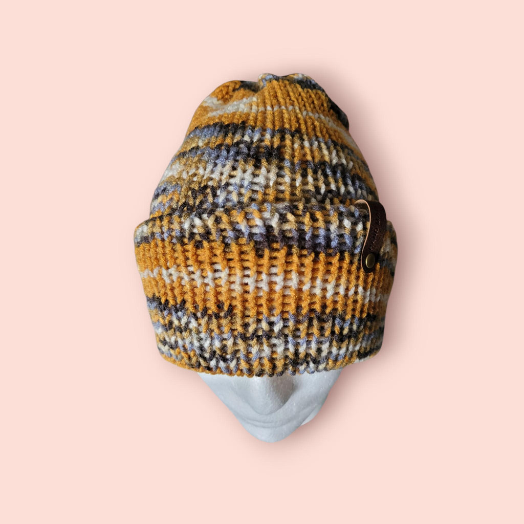 beanie hat, yellow grey white, acrylic  handmade