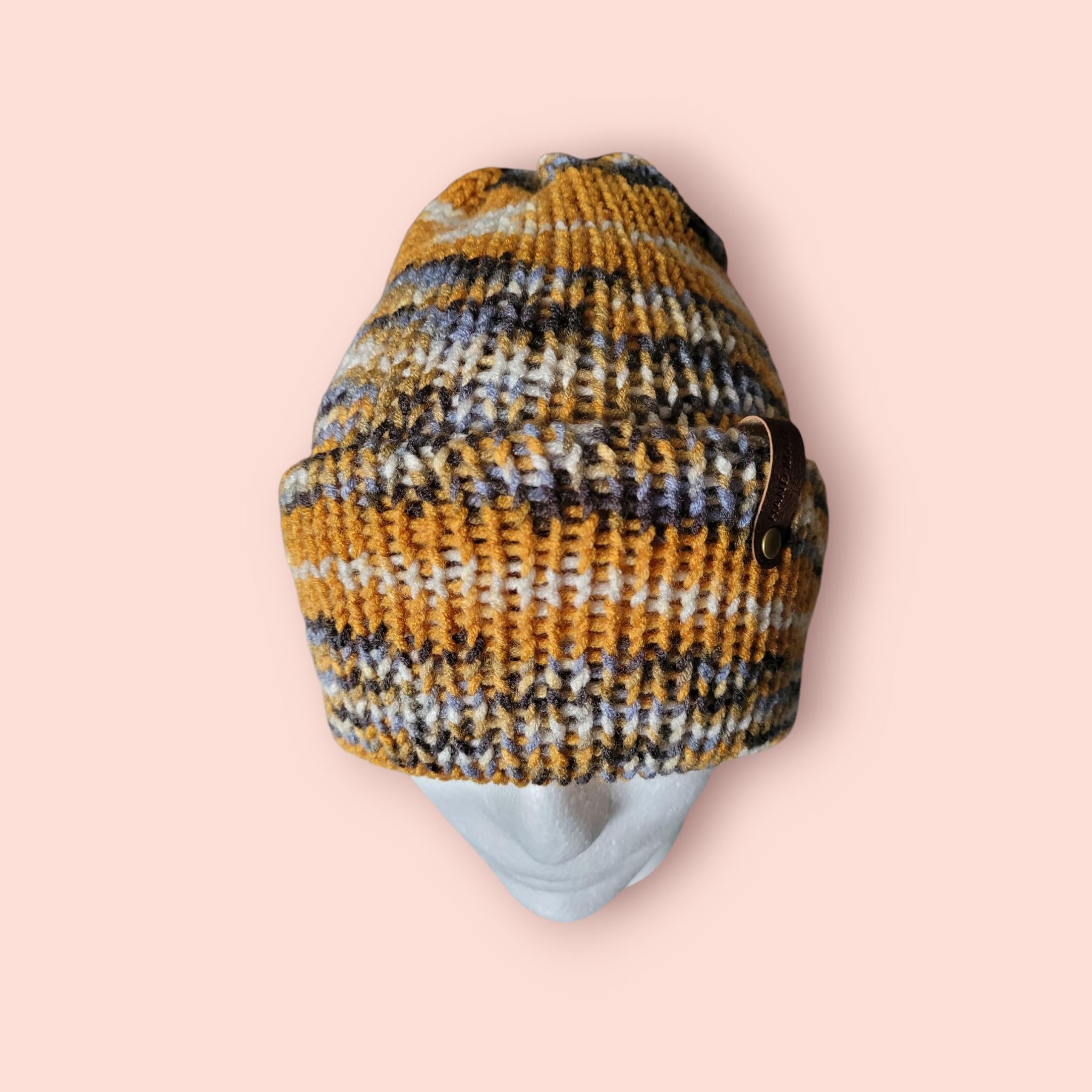 beanie hat, yellow grey white, acrylic  handmade