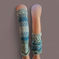 handmade leg warmers, fair isle in blues, teal and white, acrylic