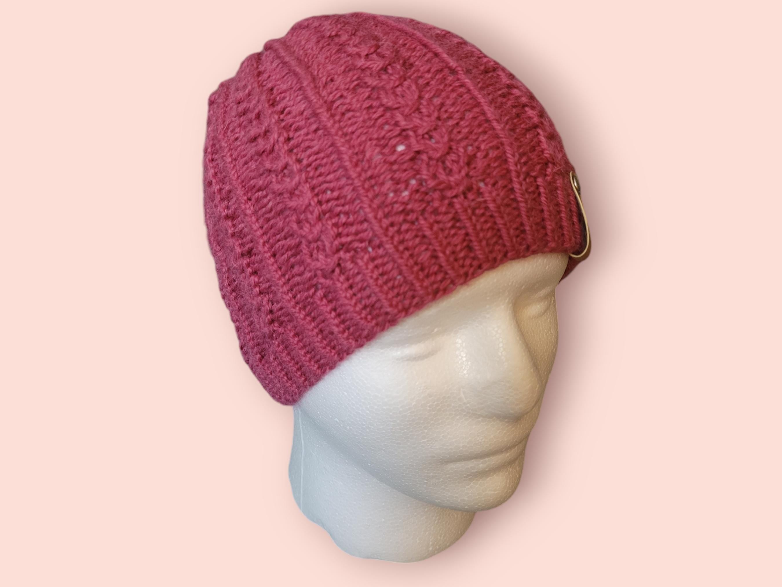 beanie hat,  dark pink rose, wool and alpaca handmade knitted breathable hat
