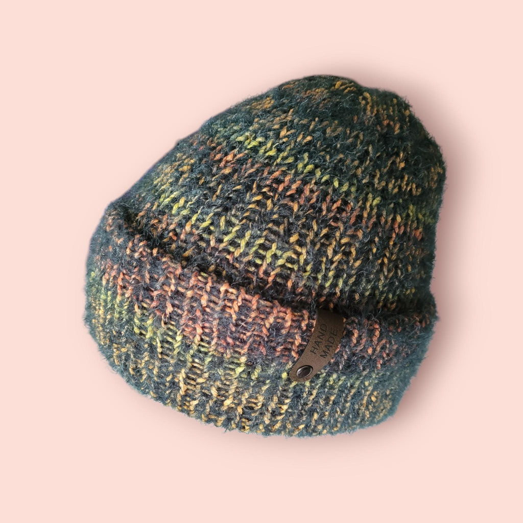 beanie hat, soft,  fluffy, hairy, green, yellow, orange ombre, size S-M