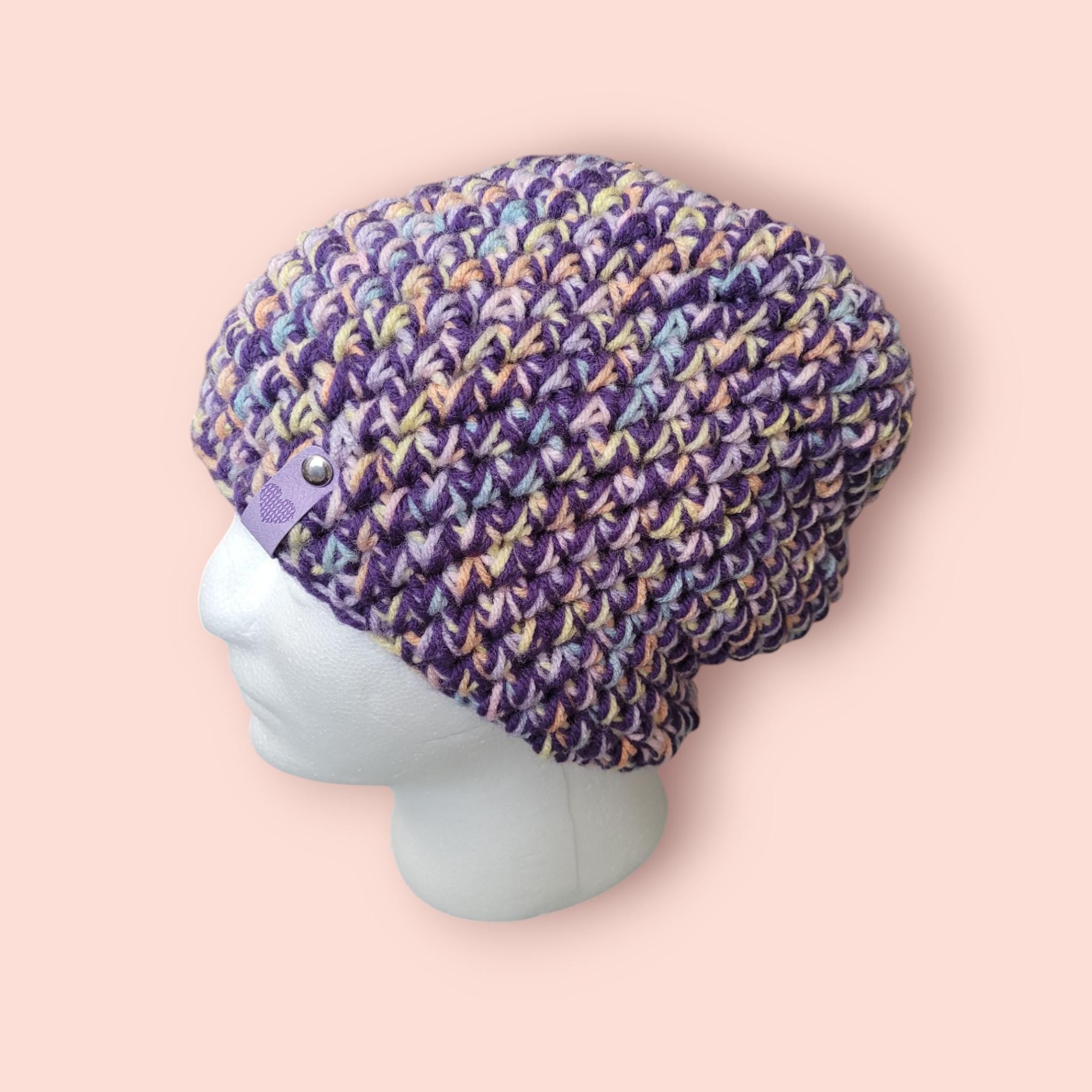 purple and rainbow beanie hat, handmade,  crochet, acrylic and wool