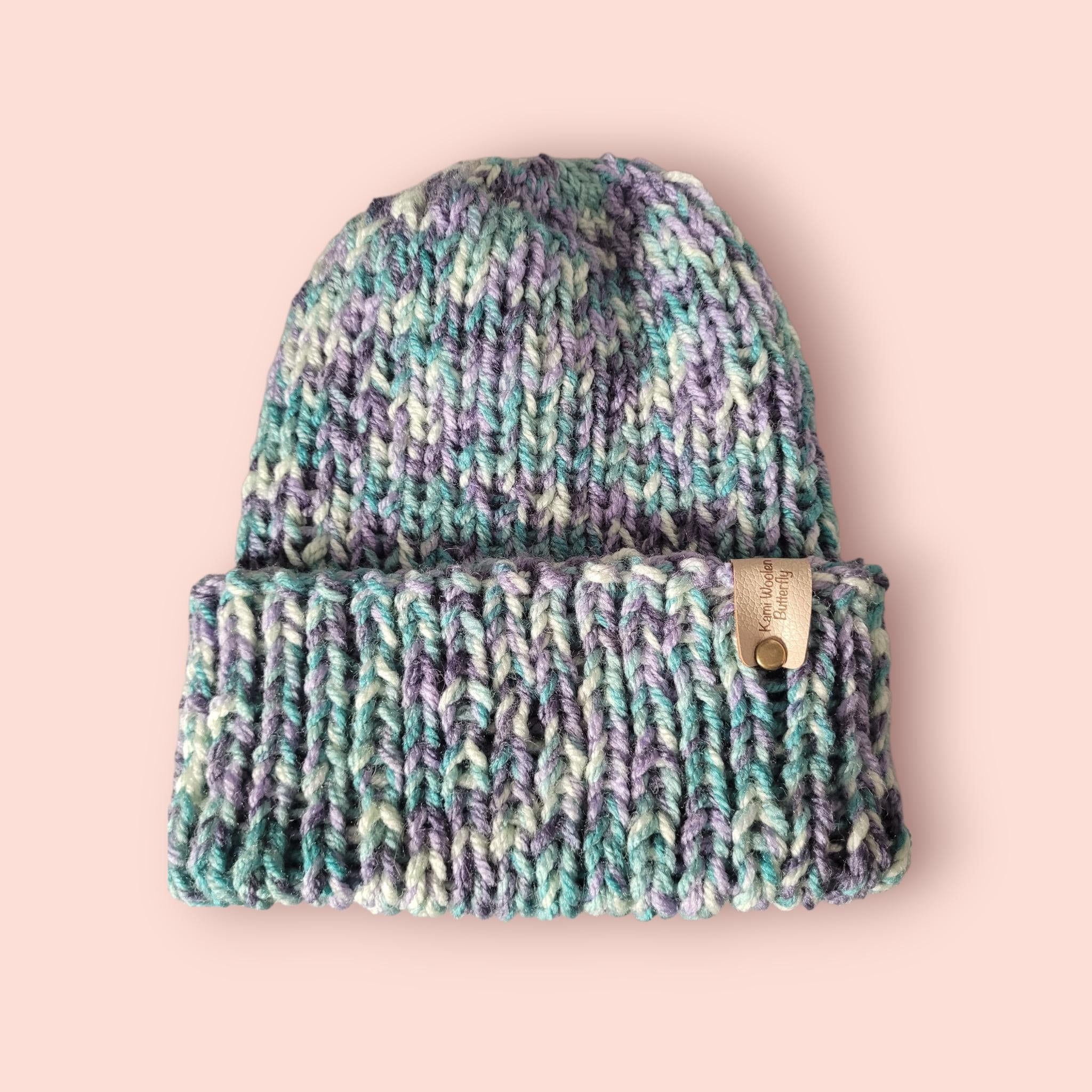handmade knitted beanie hat, purple, green, white, with wool, flexible fit