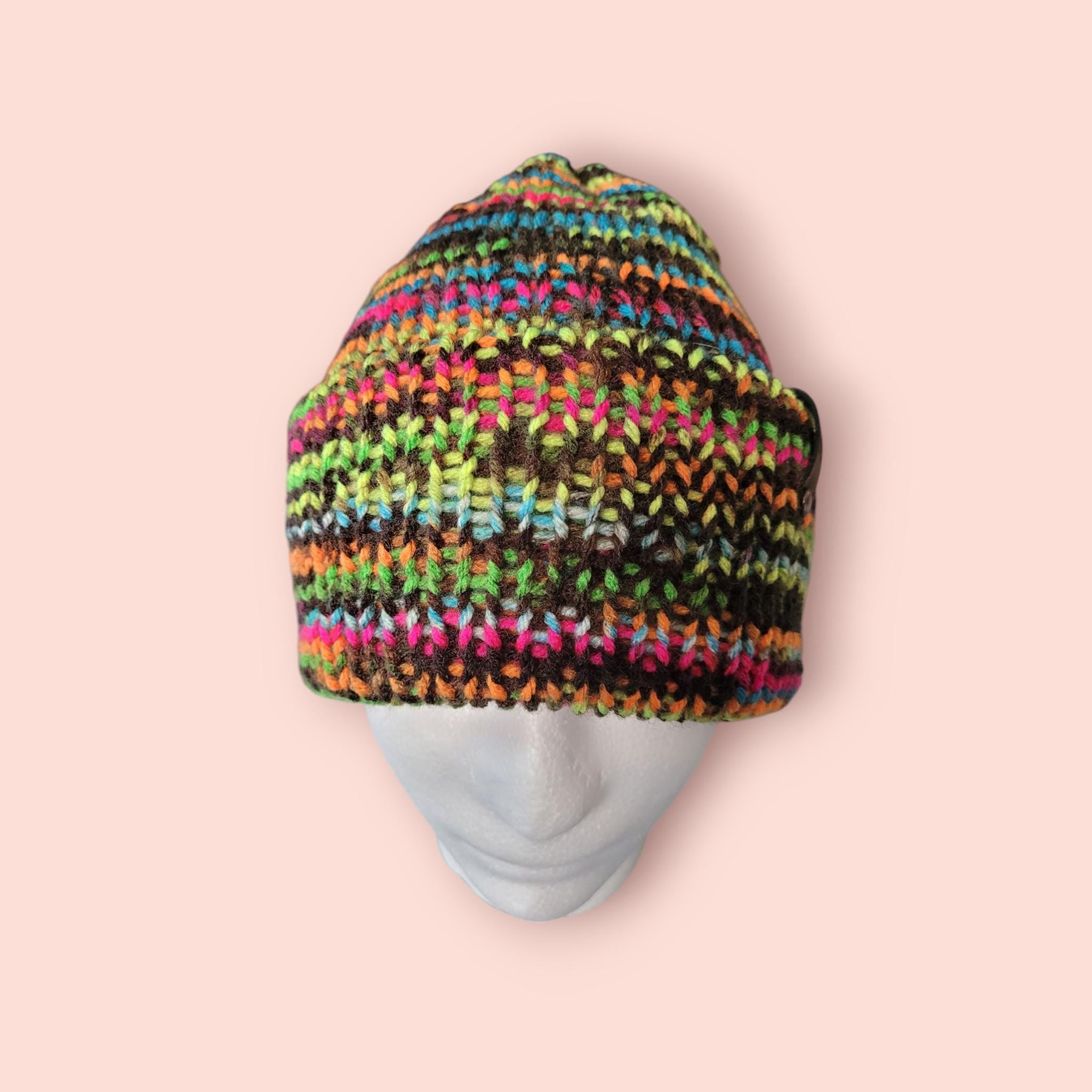 neon black beanie hat, bright colours,  size S -M,  folded brim, double layer, warm beanie, acrylic