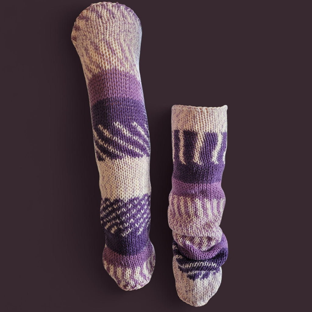 handmade leg warmers, in purples and white, fair isle, acrylic