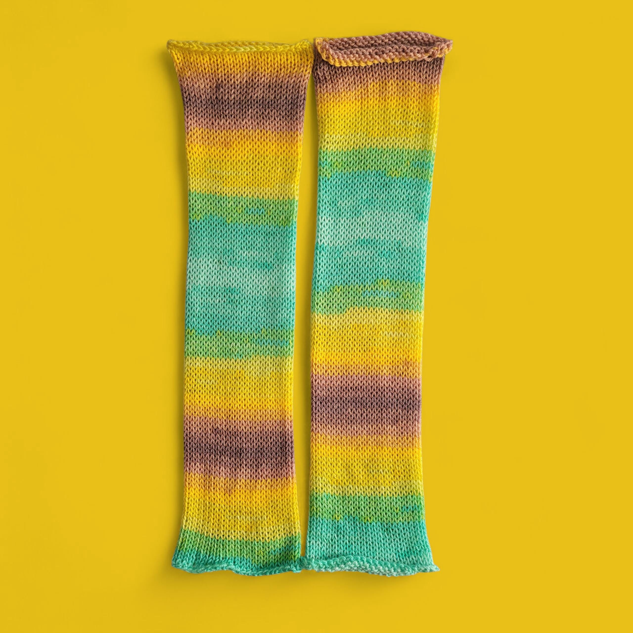 handmade leg warmers, ombre effect, green, yellow and brown, acrylic