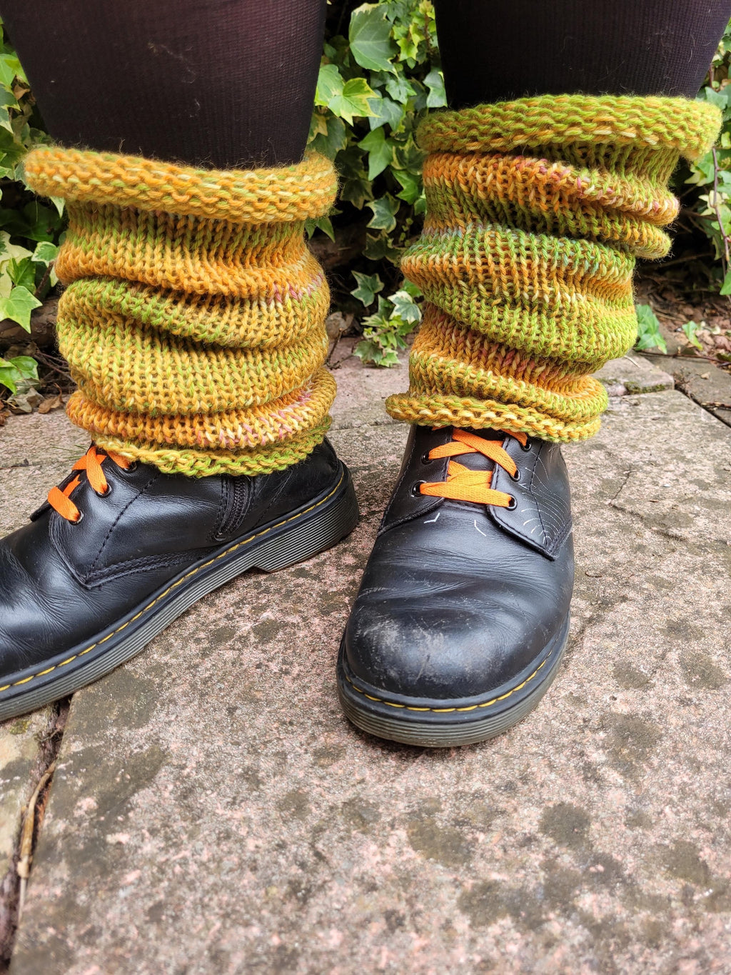 handmade leg warmers,  woolen and warm, yellow and green