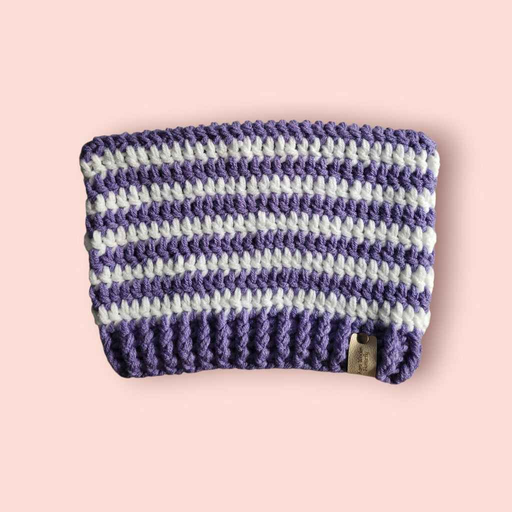 cat beanie hat, purple and white, acrylic