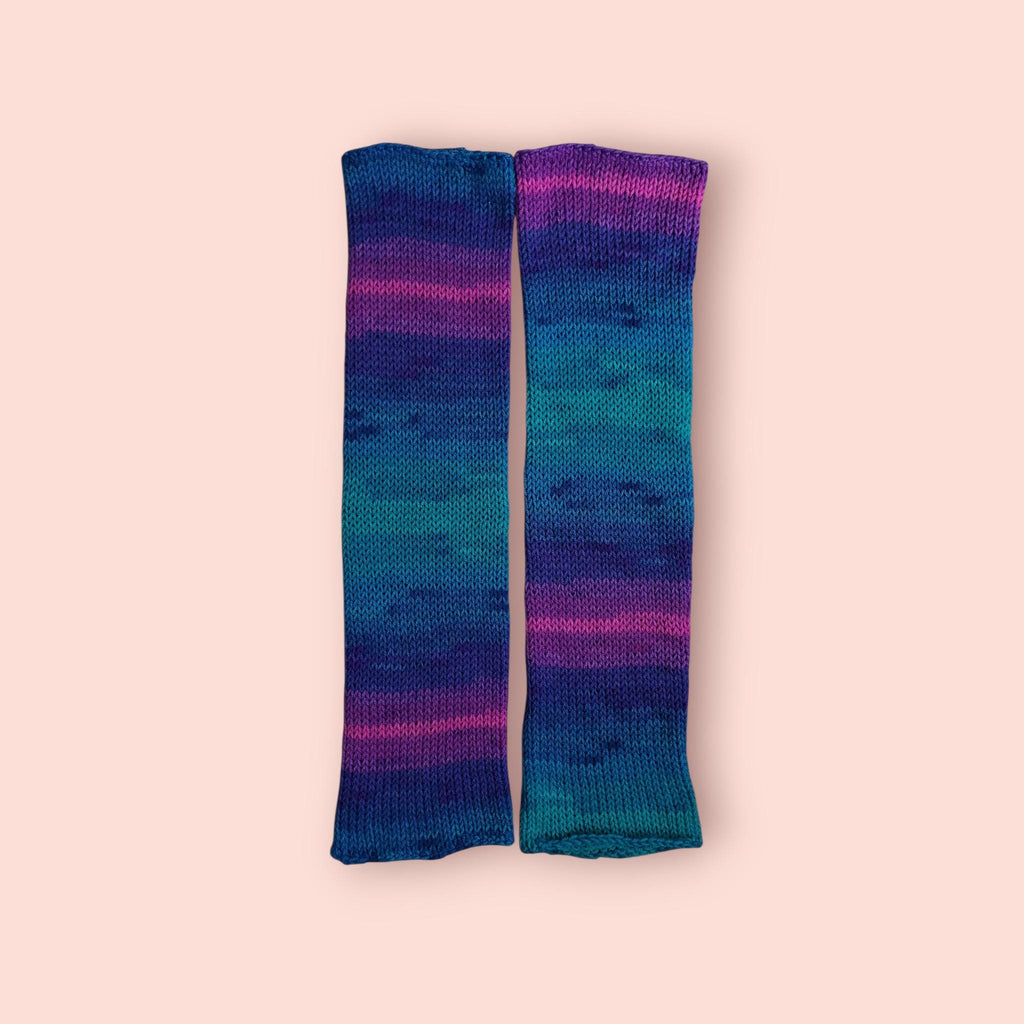 leg warmers, teal, blue, pink and purple, ombre effect, acrylic