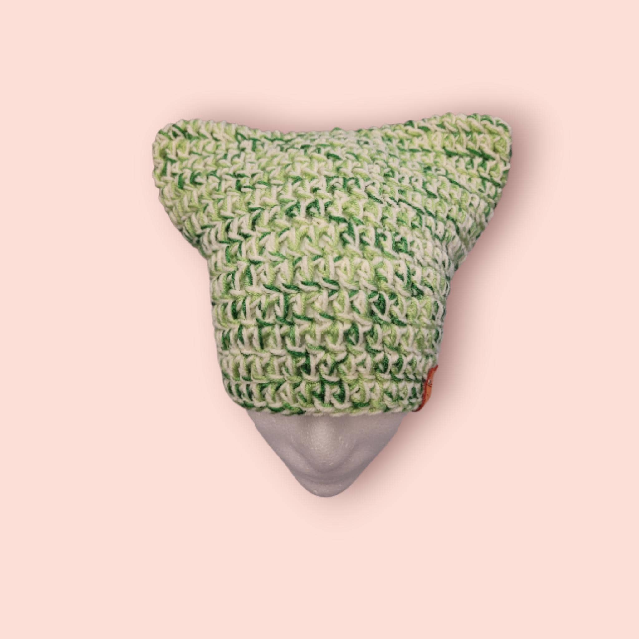 handmade crochet cat beanie hat, green marble, acrylic