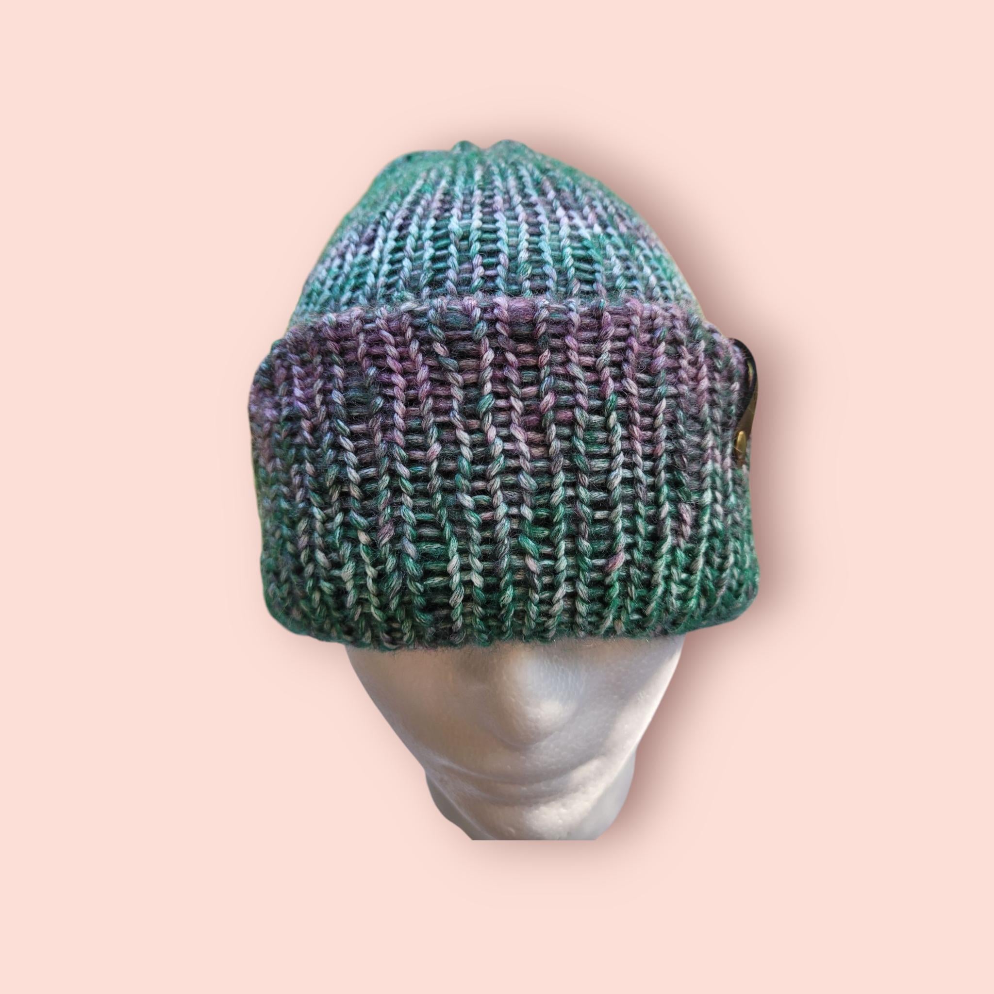 green, purple,  white ombre effect beanie hat,  with wool
