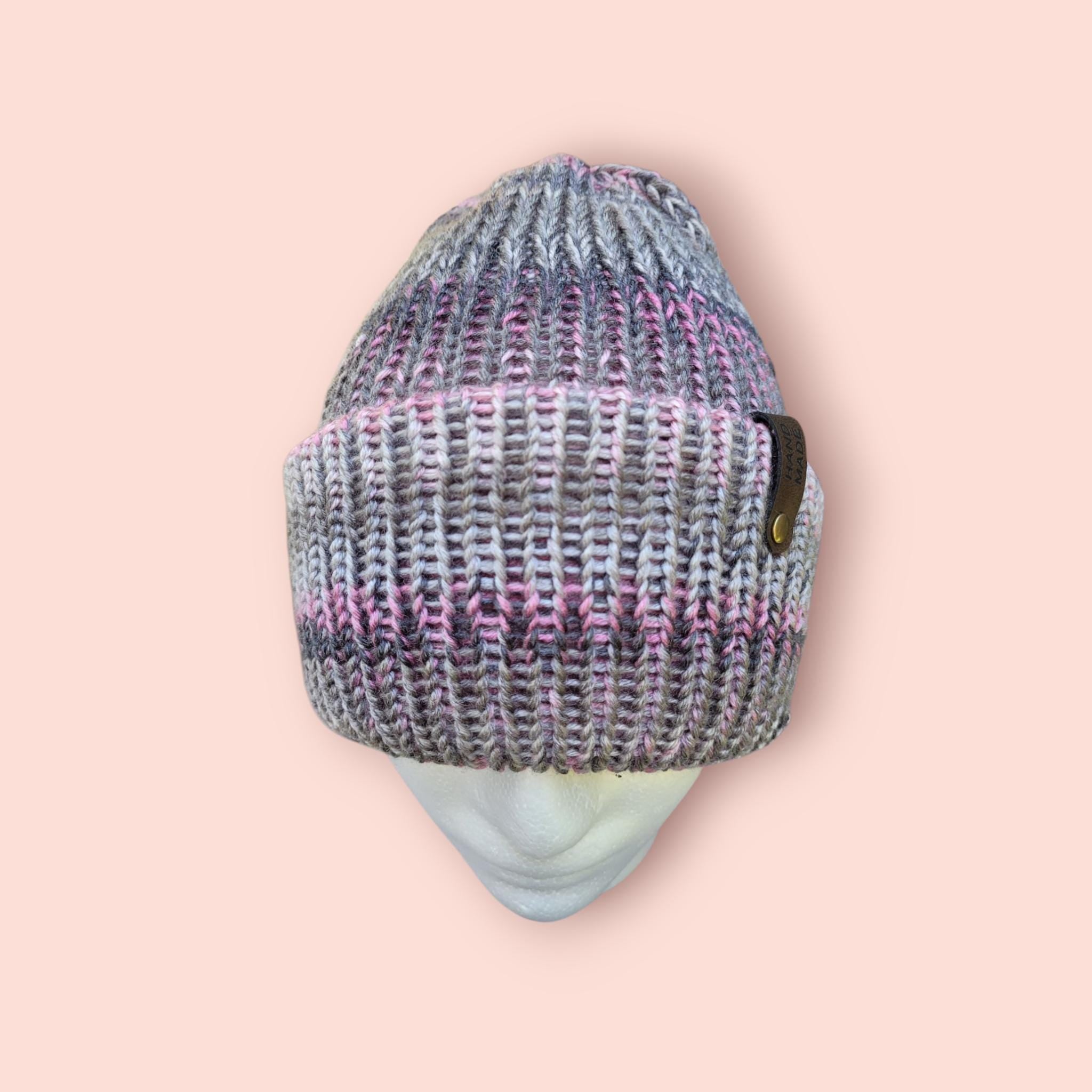 pink and grey ombre effect beanie hat,  with merino wool,  silky touch