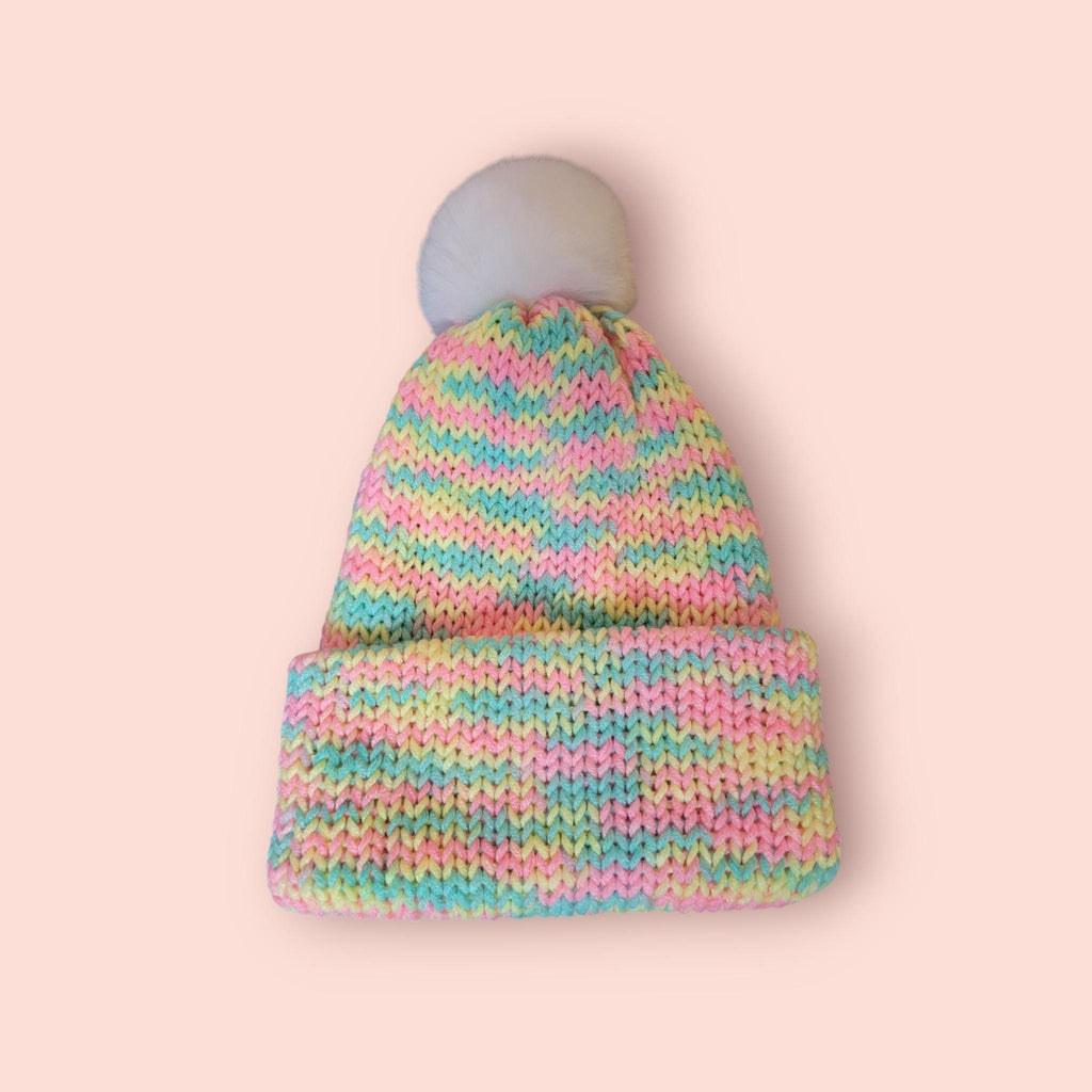 baby 0-3 months beanie hat, neon bright colours, pink and yellow with pompom