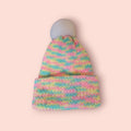 baby 0-3 months beanie hat, neon bright colours, pink and yellow with pompom