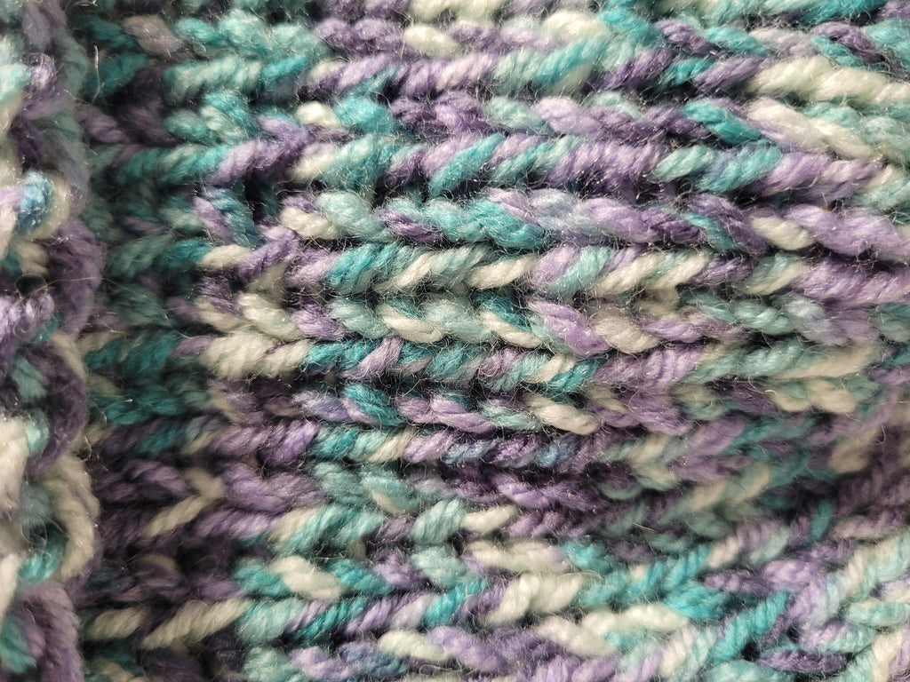 handmade knitted beanie hat, purple, green, white, with wool, flexible fit
