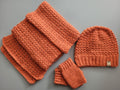 set of scarf, hat and fingerless gloves,  alpaca plus wool, handmade,  in pumpkin colour