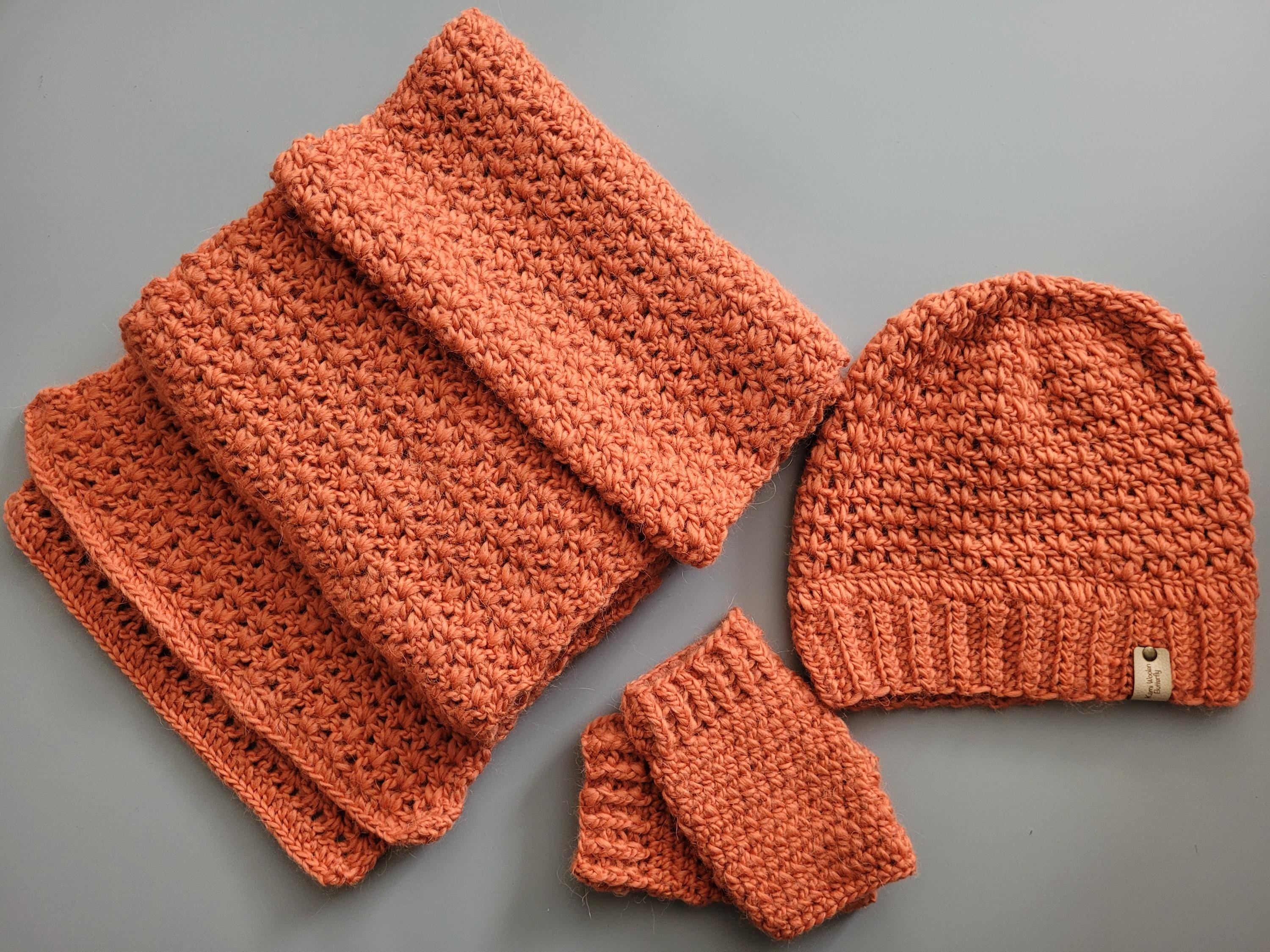 set of scarf, hat and fingerless gloves,  alpaca plus wool, handmade,  in pumpkin colour