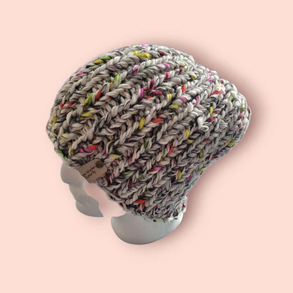 handmade knitted beanie hat, off white with splashes of colour, with merino wool, size L - XL