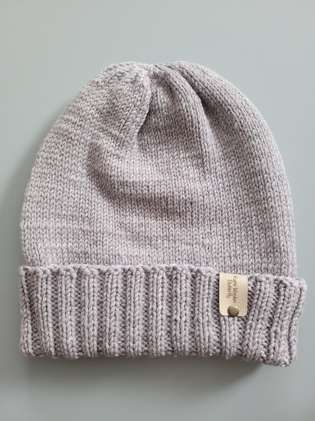 hand knitted merino wool beanie hat,  grey with purple shade