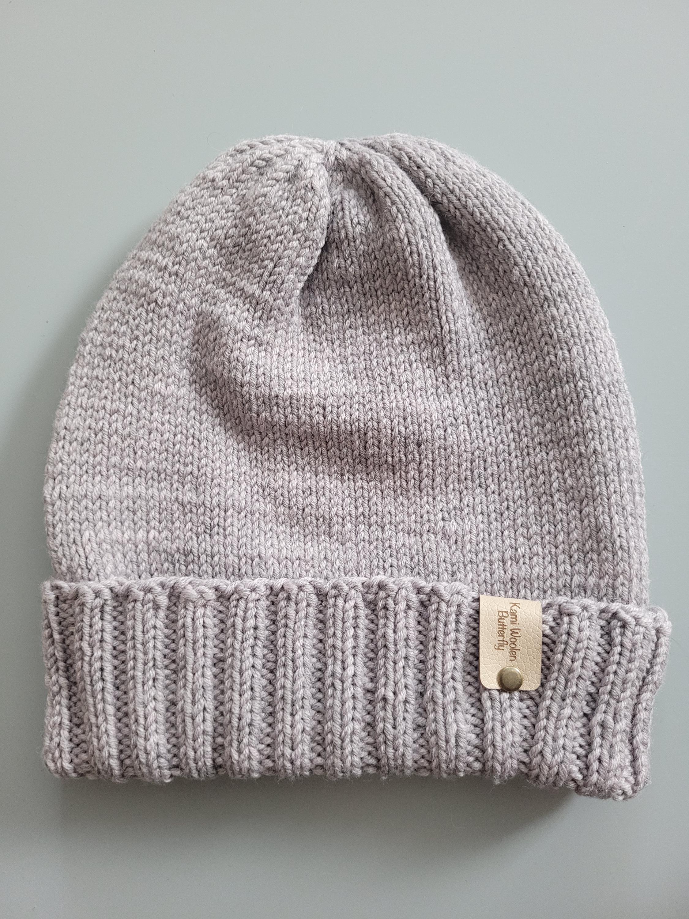 hand knitted merino wool beanie hat,  grey with purple shade