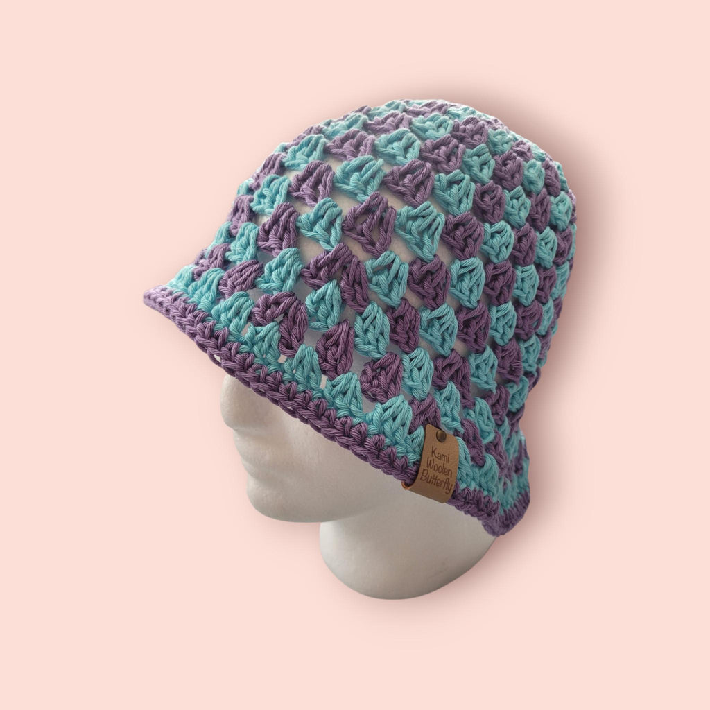 purple and aqua blue bucket hat,  festival hat,  beach and summer hat,  hand made, 100% cotton