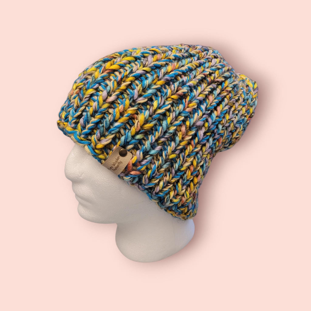 handmade XL beanie hat, yellow and blue and marble other colours, with merino wool, stretchy fit