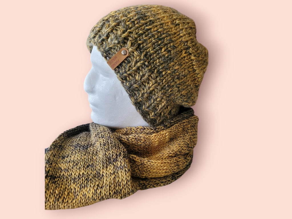 set of hat and scarf, silk and soft blend of wool and acrylic