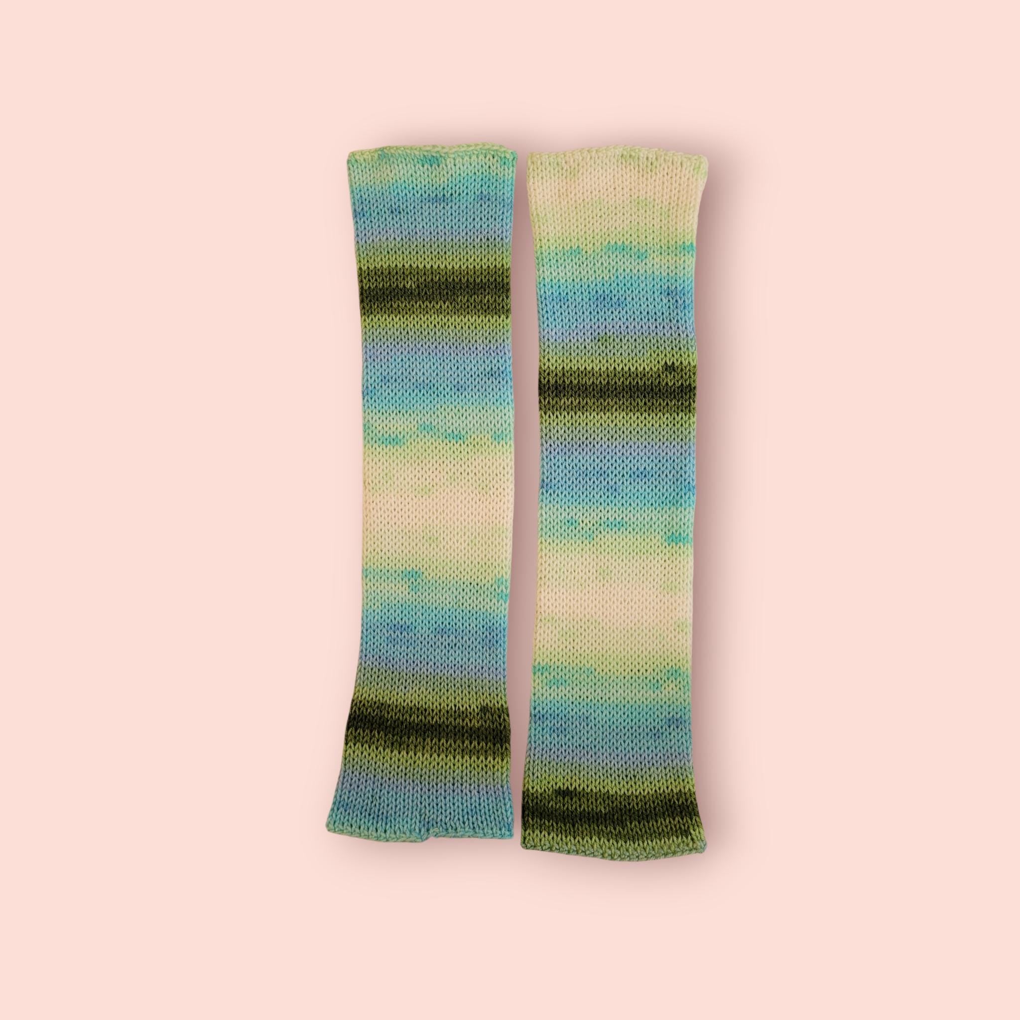 handmade leg warmers, ombre effect, with blue, green and white, acrylic