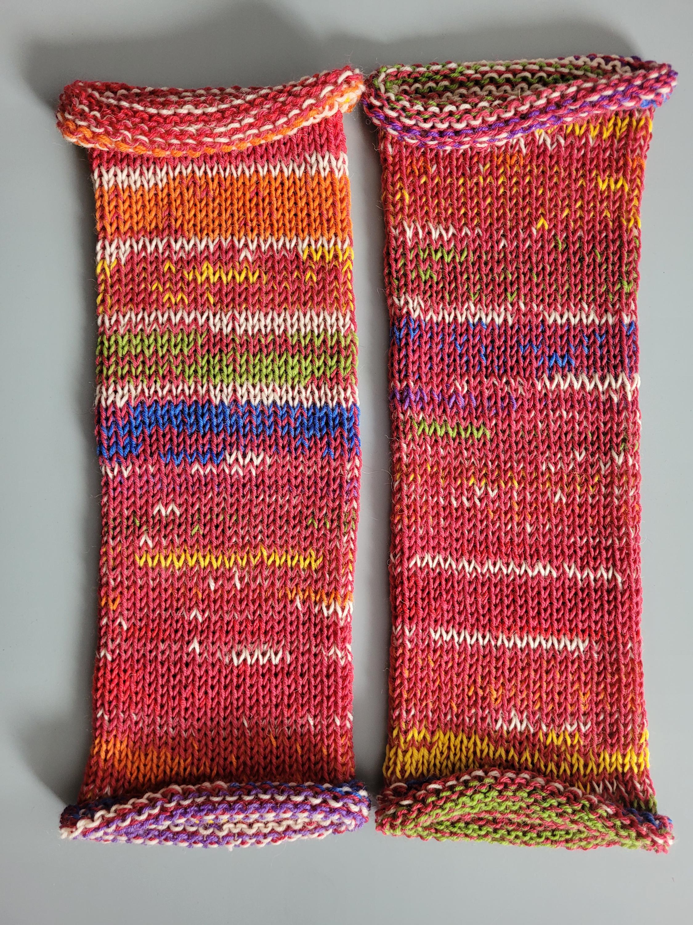 handmade leg warmers,  woolen and warm, red with rainbow