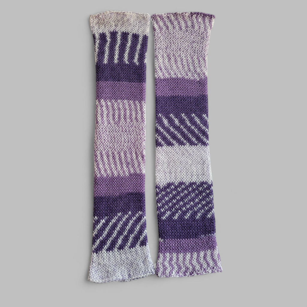 handmade leg warmers, in purples and white, fair isle, acrylic