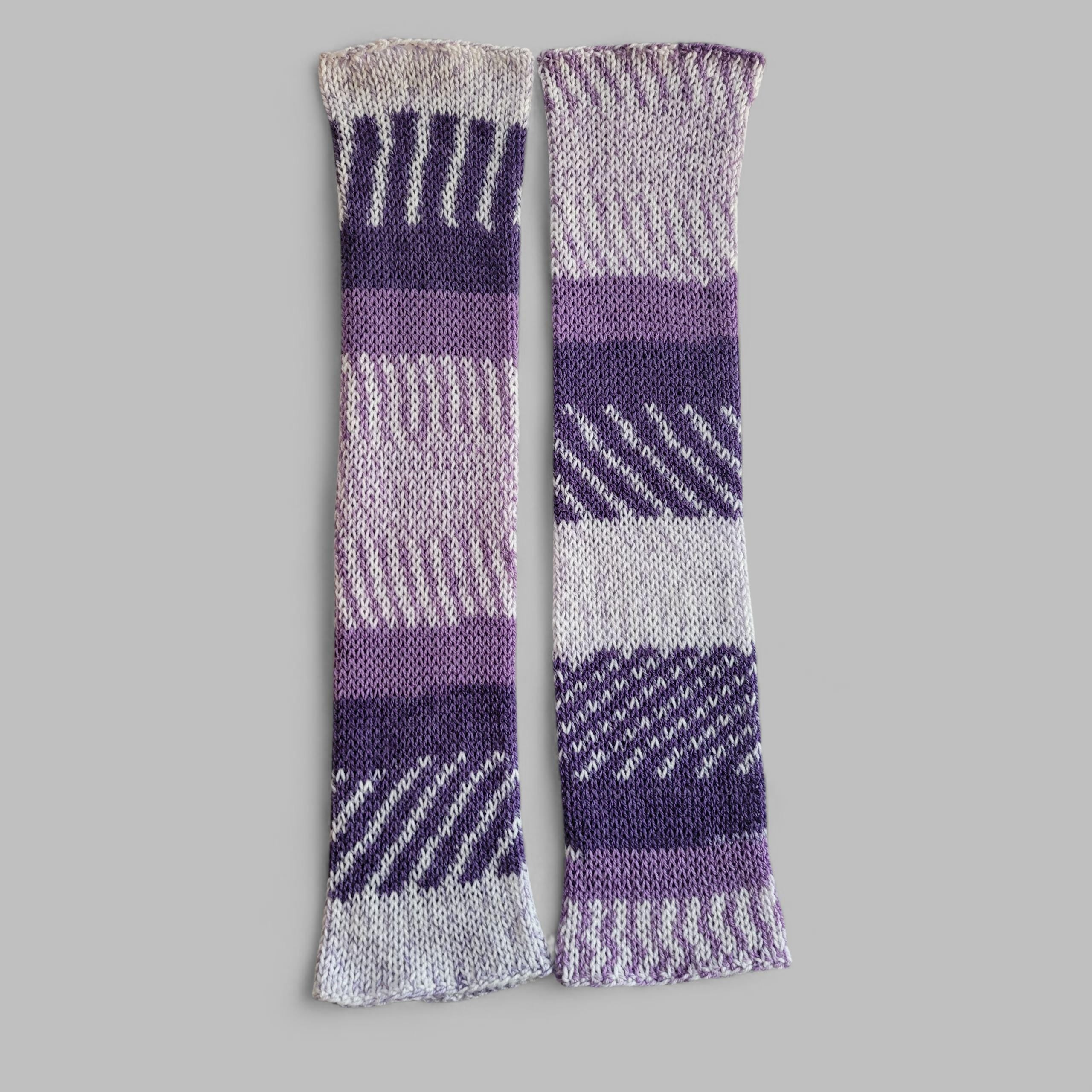 handmade leg warmers, in purples and white, fair isle, acrylic