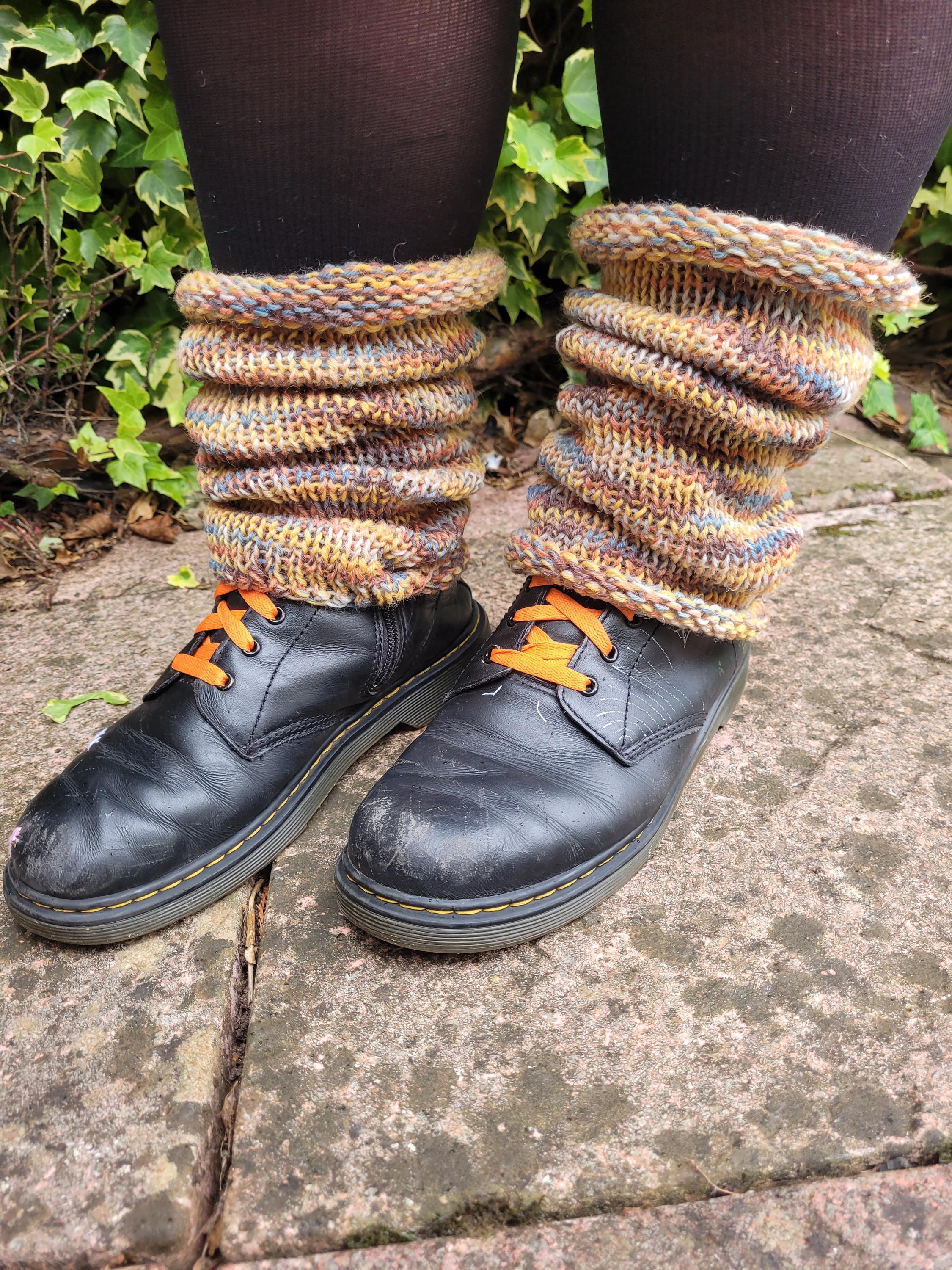 handmade leg warmers,  woolen and warm,  yellow and blue