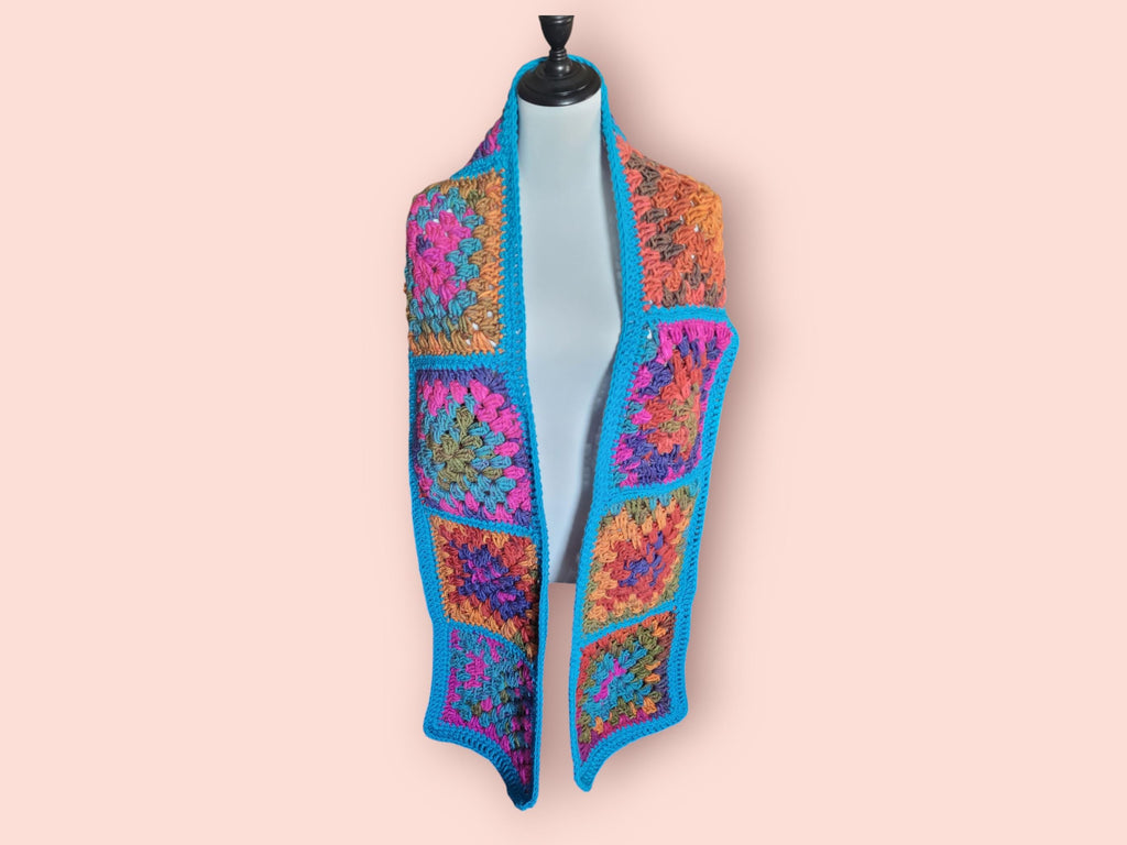 granny squares scarf handmade bright colours and long warm alternative stylish and outstanding soft and warm scarf wide and long