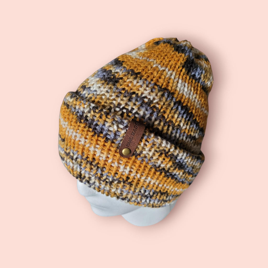 beanie hat, yellow grey white, acrylic  handmade