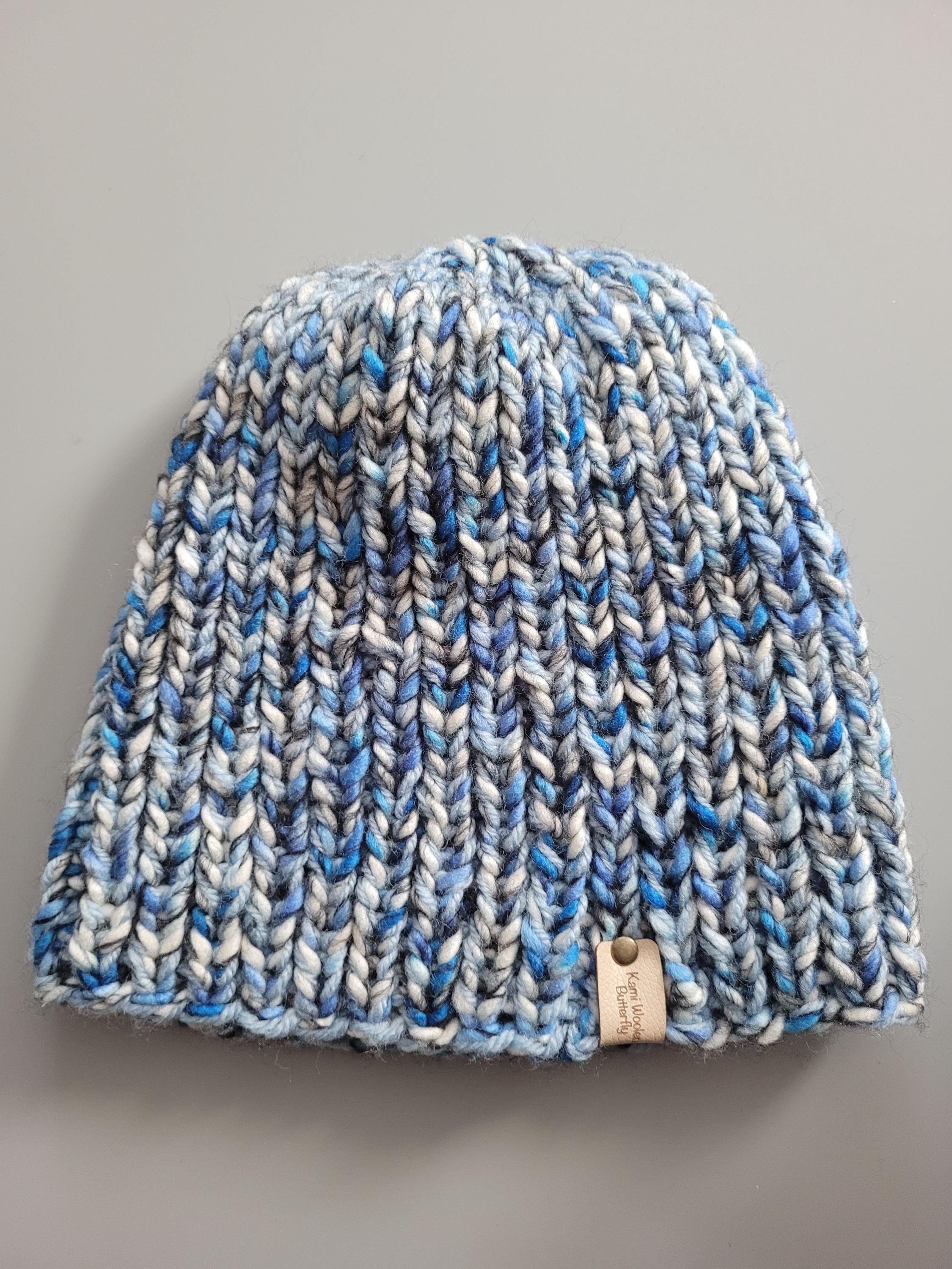 hand knitted beanie hat,  in blue,  grey and white, with wool, slouchy fit, size XL