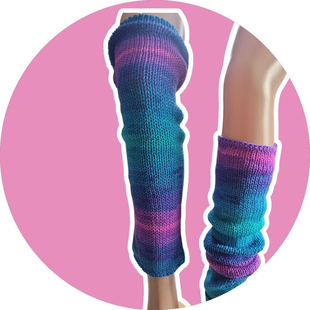 leg warmers, teal, blue, pink and purple, ombre effect, acrylic