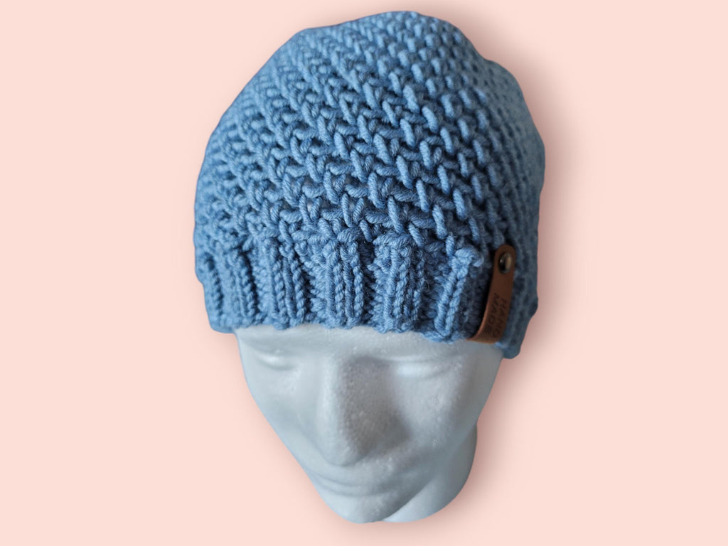 100% merino wool beanie, jeans blue