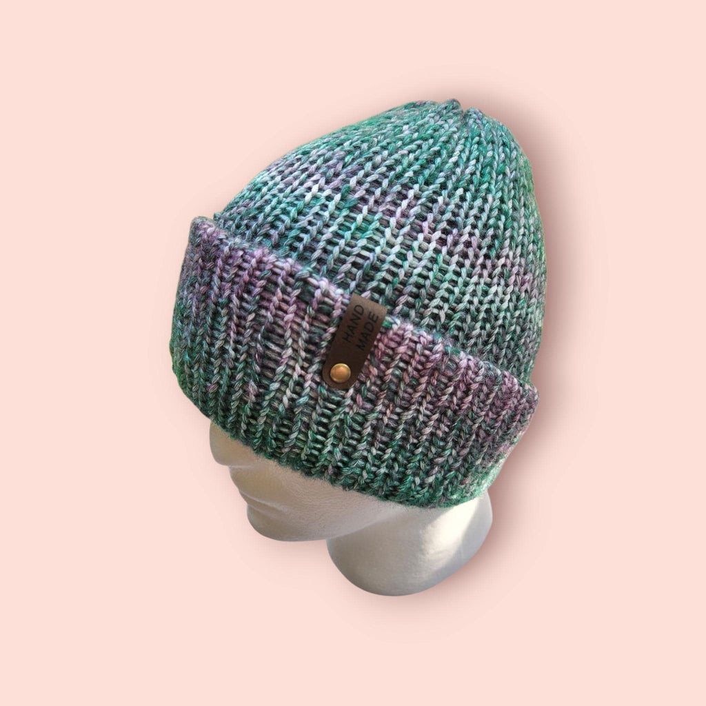 green, purple,  white ombre effect beanie hat,  with wool