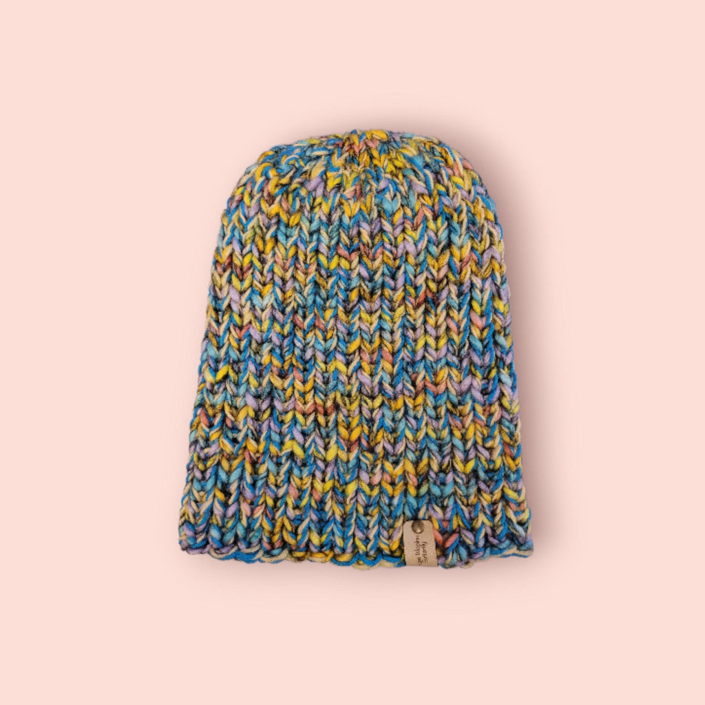 handmade XL beanie hat, yellow and blue and marble other colours, with merino wool, stretchy fit