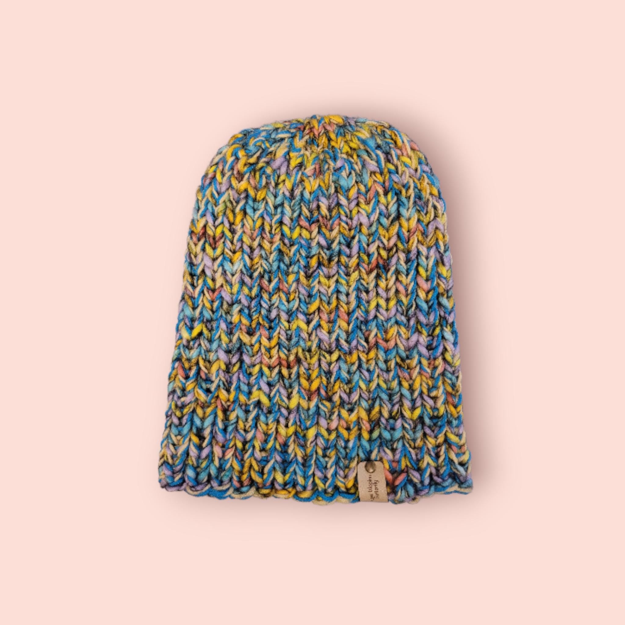 handmade XL beanie hat, yellow and blue and marble other colours, with merino wool, stretchy fit