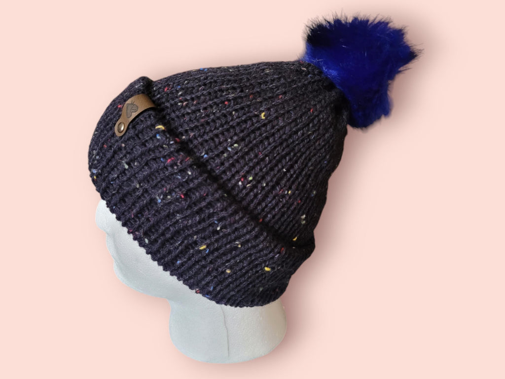 navy tweed beanie hat with wool