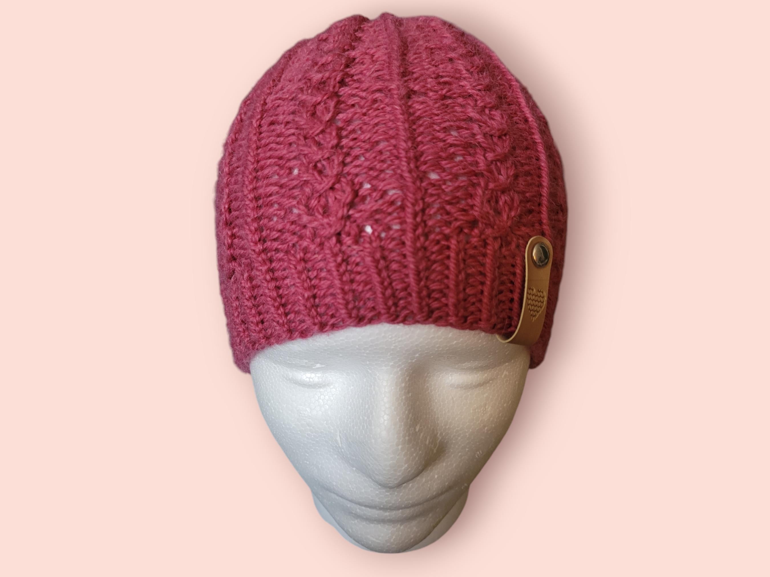 beanie hat,  dark pink rose, wool and alpaca handmade knitted breathable hat