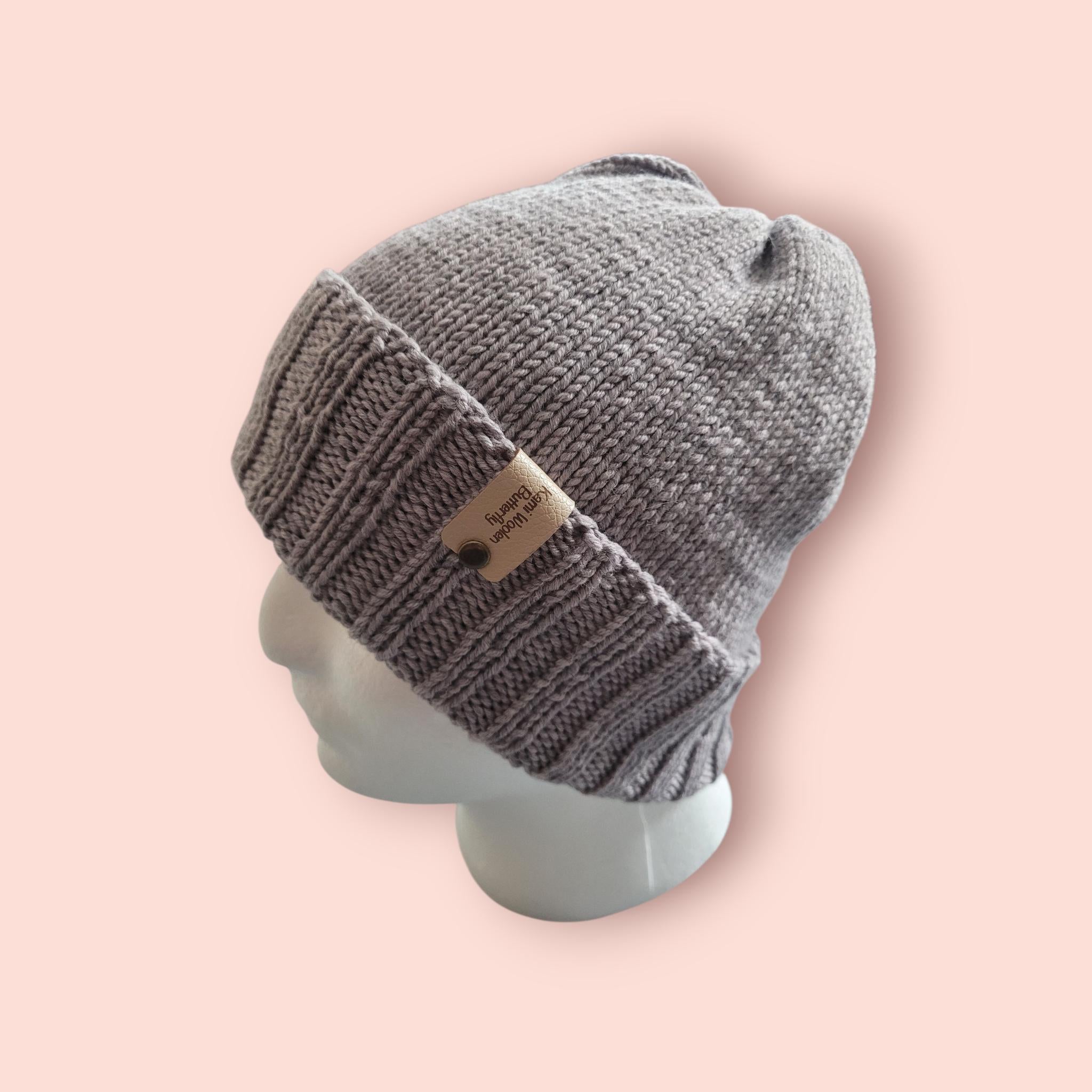 hand knitted merino wool beanie hat,  grey with purple shade