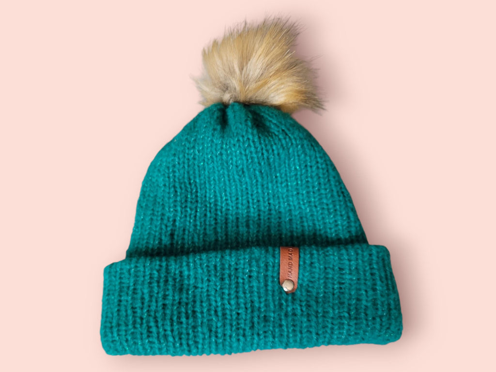 Green/sparkle warm beanie hat with pompom. with wool