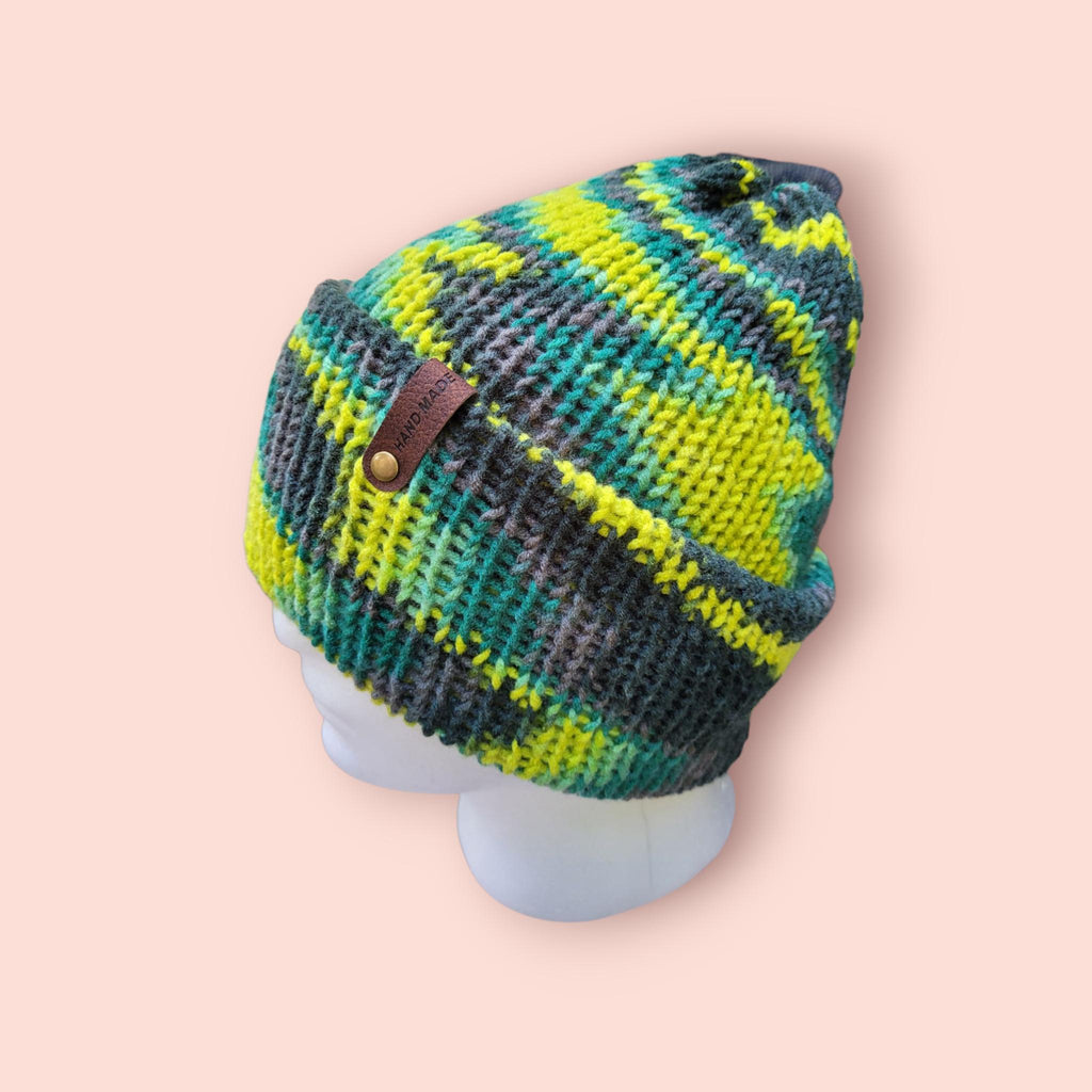neon green, green and brown beanie hat