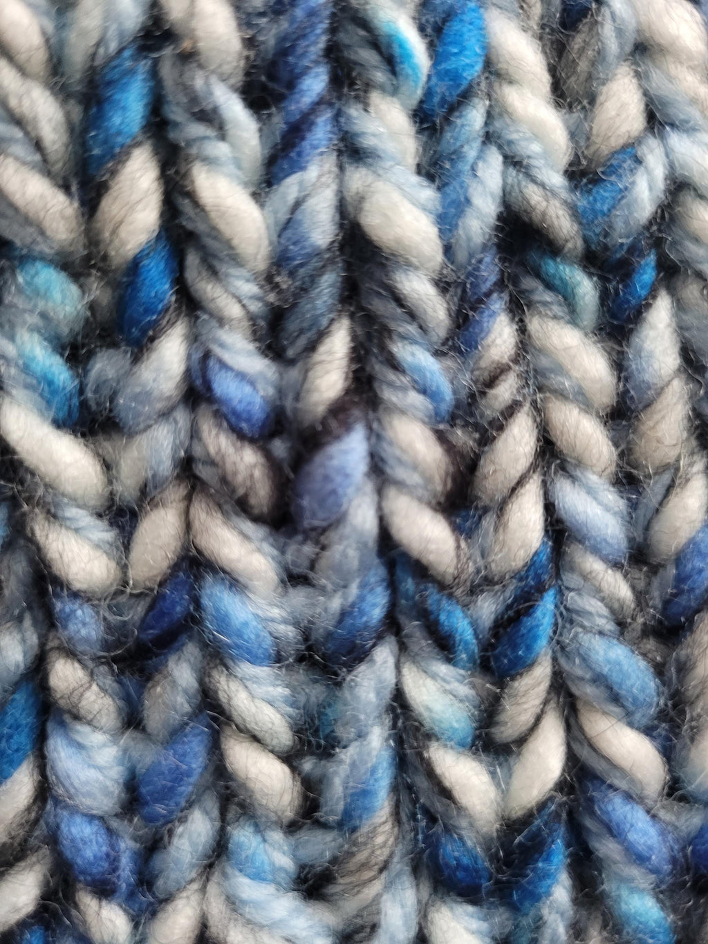 hand knitted beanie hat,  in blue,  grey and white, with wool, slouchy fit, size XL
